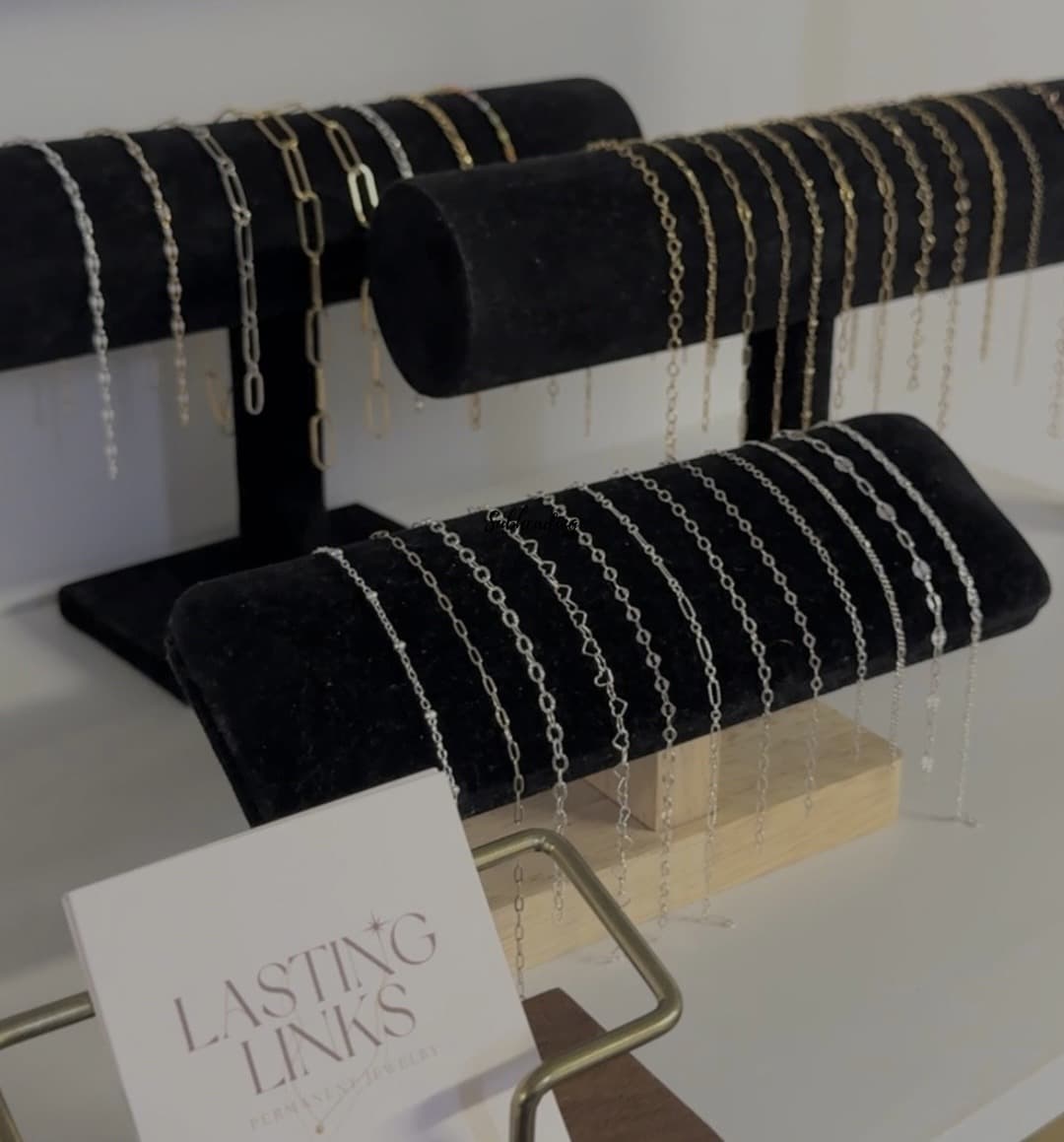 Lasting Links permanent jewelry chain display at The Ivy